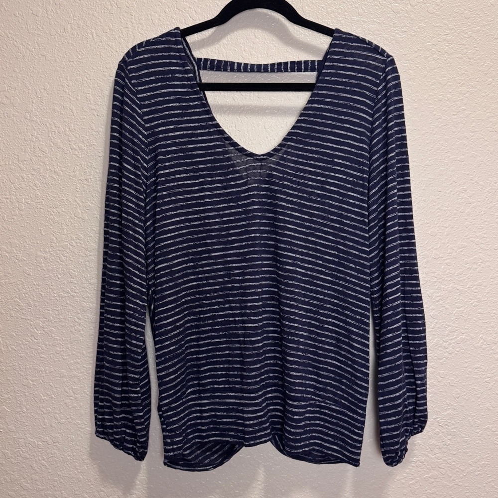 Liverpool Los Angeles Navy Blue White Stripe Twist Back Long Sleeve Top Women M
